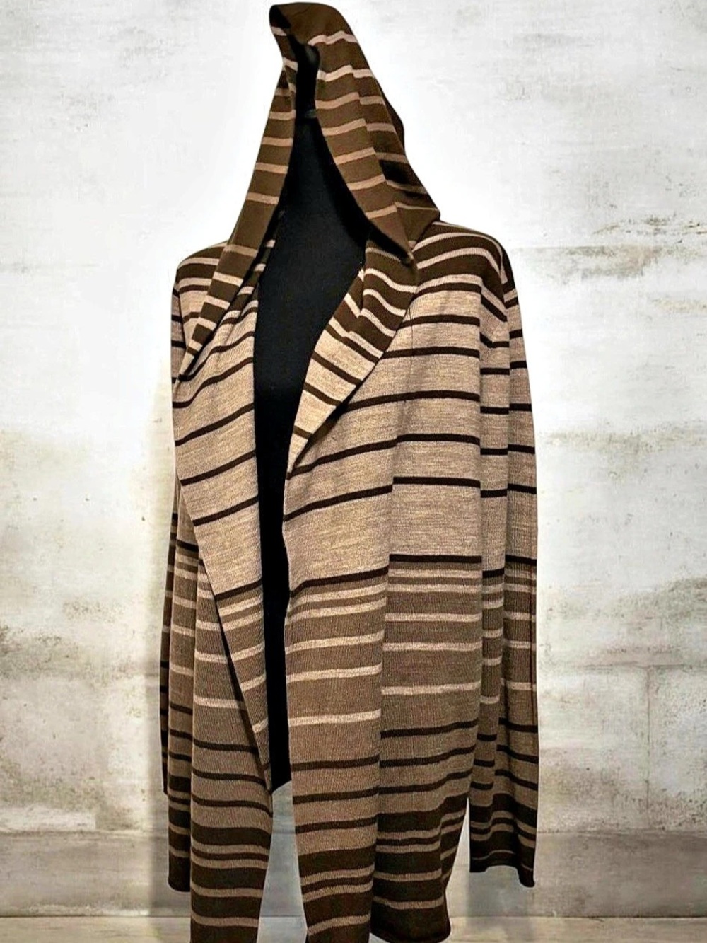 Vintage Suzie Brown and Taupe Striped Open Front Long Hooded Cardigan